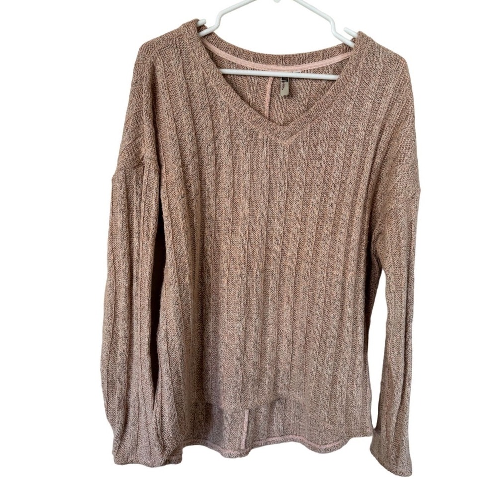 KUT from the Kloth‎ Ribbed V-Neck Sweater Pink Heathered High Low  Large z1